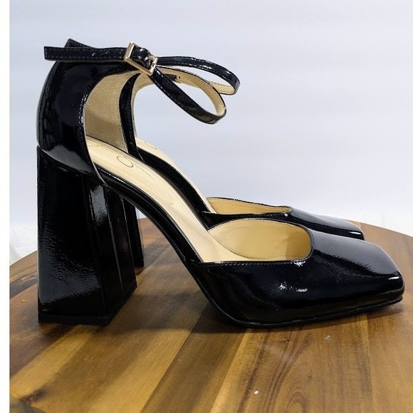 Jessica Simpson Shoes - Jessica Simpson Black Patent Square Toe Block Heel Ankle Strap Pumps Womens 9.5M